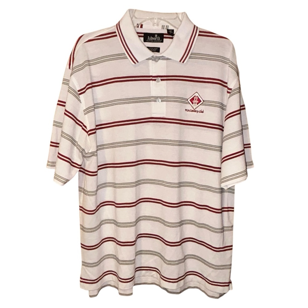 Ashworth PGA Country Club Polo Shirt Golf White Red Striped Mens Size Large‎